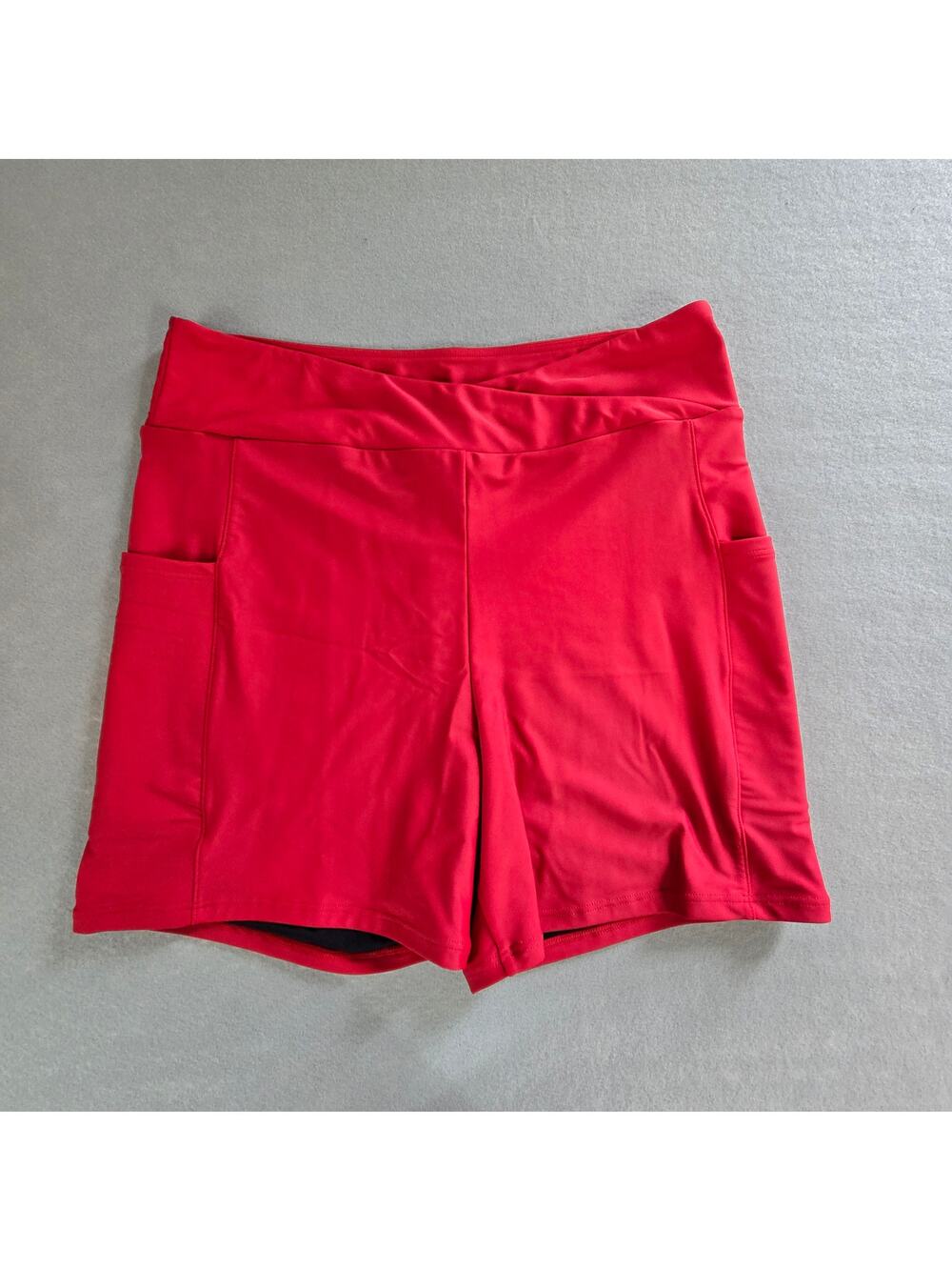 Womens Red Cross Waist 4" Bathing Suit High Waisted Swim Shorts w/Pockets - NEW
